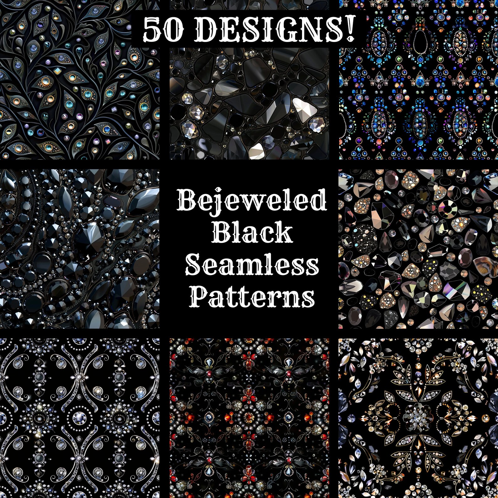 Bejeweled Black Seamless Patterns: 50 PNG Digital Papers (digital ...