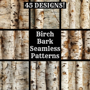 Op de afbeelding: Een collage van negen naadloze patronen met close-ups van berkenbast. De tekst "Birch Bark Seamless Patterns" wordt in het midden van de collage weergegeven.
