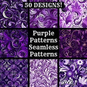 Puede incluir: Un conjunto de nueve patrones sin costuras florales de color morado y blanco. Los patrones están dispuestos en una cuadrícula con el texto "Purple Patterns Seamless Patterns" en el centro.