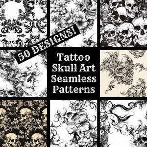 Tattoo Skull Art Seamless Patterns: 50 PNG Digital Papers (1024x1024 px)