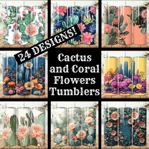 Cactus and Coral Flowers Tumbler Wrap Bundle 24 Pack 20 oz Skinny Tumbler Sublimation Designs Straight Tapered Tumbler PNG, Instant Download