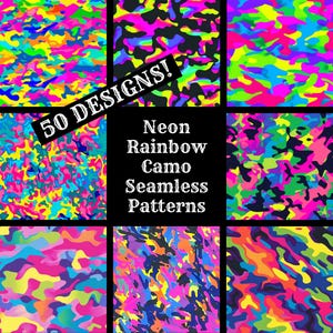 May include: A set of 50 neon rainbow camo seamless patterns. The patterns are in a variety of colors, including pink, blue, green, yellow, and black. The text "50 DESIGNS!" is in a white box with a black outline. The text "Neon Rainbow Camo Seamless Patterns" is in white text on a black background.