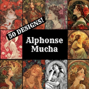 Può includere: Un collage di 10 immagini che presentano opere d'arte di Alphonse Mucha. Le immagini raffigurano donne con capelli fluenti e elaborati disegni floreali. Il testo "50 DESIGNS!" e "Alphonse Mucha" sono inclusi anche nel collage.