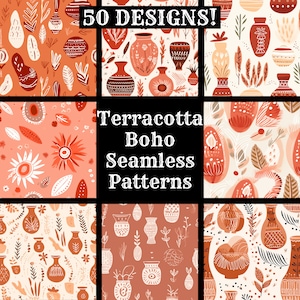 Puede incluir: Una colección de patrones sin costuras boho en terracota. La imagen muestra nueve diseños diferentes, cada uno con jarrones, elementos florales y formas abstractas en tonos naranja, crema y blanco. El texto dice "50 DESIGNS!" y "Terracotta Boho Seamless Patterns."