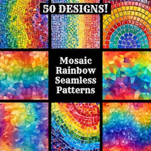 Puede incluir: 50 patrones sin costuras de arcoíris de mosaico. Los patrones están hechos de pequeños cuadrados y triángulos en una variedad de colores, incluyendo rojo, naranja, amarillo, verde, azul, índigo y violeta.