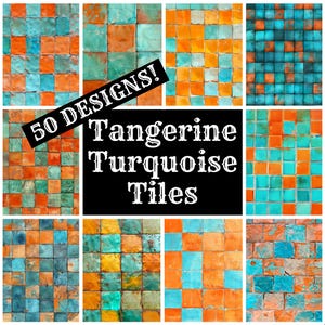 Peut inclure: Un collage de 50 motifs différents de carreaux de couleur mandarine et turquoise. Les carreaux sont disposés en grille et ont un aspect vieilli et vintage.