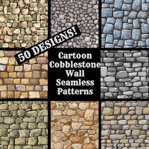 Puede incluir: 50 patrones de pared de adoquines de dibujos animados sin costuras en varios colores y estilos. Los patrones son perfectos para crear fondos, texturas y diseños para juegos, sitios web y otros proyectos.