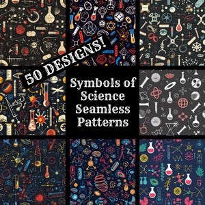 Papel digital sin costuras con símbolos de la ciencia, papel para álbum de recortes imprimible con texturas sin costuras, descarga digital instantánea