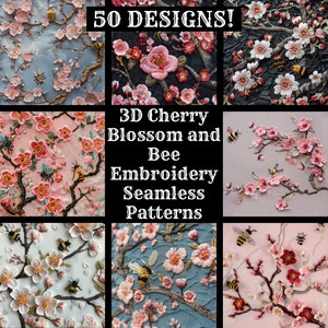 3D Kirschblüte und Biene Stickerei nahtloses digitales Papier, druckbare Scrapbook Papier nahtlose Texturen, Kirsche digitaler sofortiger Download