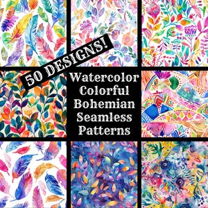 Papel digital sem costura boho colorido aquarela, papel para scrapbook para impressão, texturas sem costura, download instantâneo digital