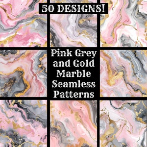 May include: 50 seamless digital paper patterns featuring pink, grey, and gold marble designs.