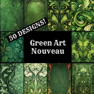 Green Art Nouveau Digital Paper: Journal & Scrapbook (PNG, 8.5x11 in) (Digital Download)