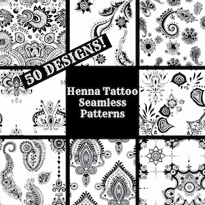 May include: A set of 50 black and white henna tattoo seamless patterns. The patterns are intricate and detailed, featuring floral and paisley motifs. The text "50 DESIGNS!" and "Henna Tattoo Seamless Patterns" is displayed on a black background.