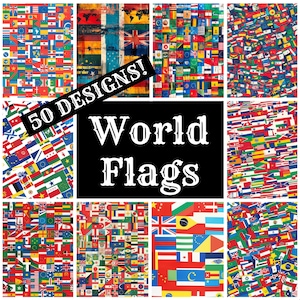 Könnte beinhalten: Eine Collage aus 50 verschiedenen Weltflaggen, jede Flagge hat eine andere Farbe und ein anderes Design. Der Text "50 Designs! World Flags" befindet sich in der Mitte des Bildes.