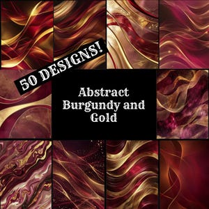 May include: 50 abstract designs featuring a combination of burgundy and gold colors. The designs feature swirling, flowing lines and patterns.
