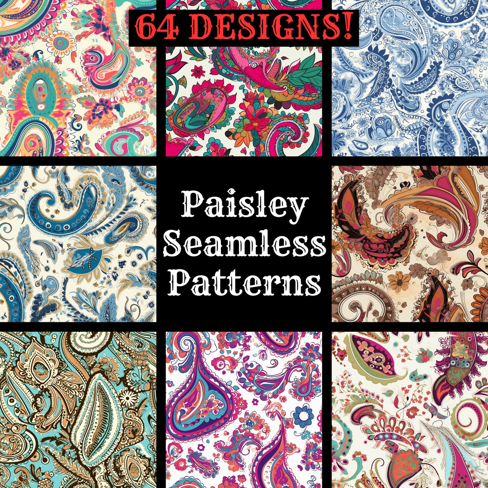 Paisley Seamless Pattern Bundle: 64 PNG Digital Papers (digital ...