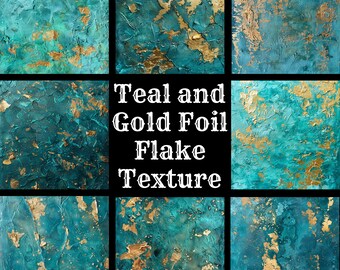 May include: Nine square panels showcasing teal and gold foil flake texture designs. Each panel features a textured teal background with gold foil accents. The image includes the text "50 DESIGNS!" at the top and "Teal and Gold Foil Flake Texture" in the centre.