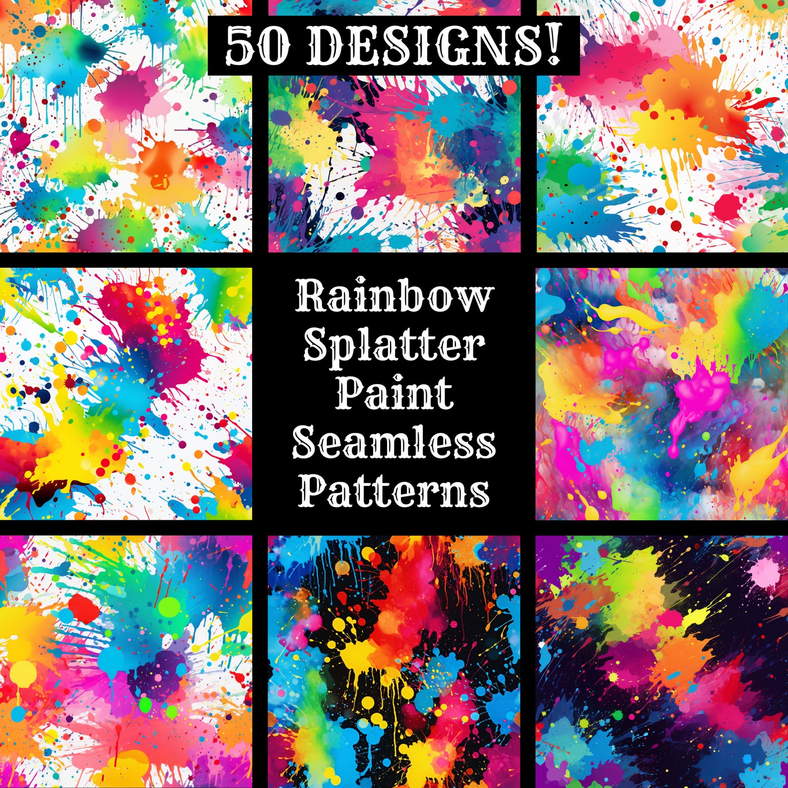 Rainbow Splatter Paint Seamless Patterns: Colorful Digital Paper (PNG ...