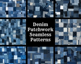 Denim Patchwork Seamless Patterns: 50 PNG Digital Papers (Digital Download)
