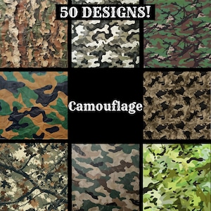 May include: A collage of nine camouflage patterns in various colors, including green, brown, and gray. The text "50 DESIGNS!" is at the top, and the word "Camouflage" is in the center. The patterns vary from woodland to digital styles.