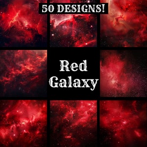 Op de afbeelding: 50 Red Galaxy-ontwerpen. Een collage van negen afbeeldingen die verschillende rode nevels met sterren laten zien.