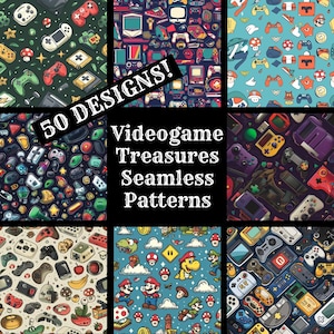 Papel digital sin costuras con tesoros de videojuegos, papel para álbum de recortes imprimible con texturas sin costuras, descarga digital instantánea