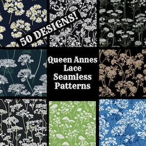 May include: A collage of 50 Queen Anne's Lace seamless patterns in various colors, including black, white, green, blue, and brown. The patterns feature delicate white flowers and stems on different colored backgrounds.