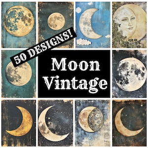 May include: A collection of vintage moon designs. The image features various artistic renderings of the moon in different phases and styles, including full moons, crescent moons, and moon faces. The color palette includes blues, golds, and whites. Text reads "50 DESIGNS!" and "Moon Vintage".