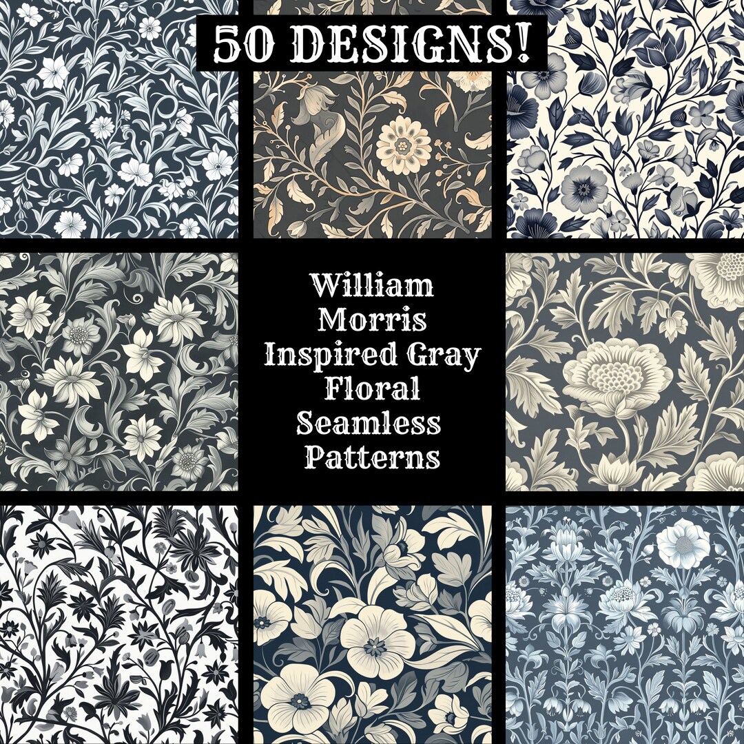 William Morris Inspired Floral Seamless Pattern: Gray Digital Paper ...