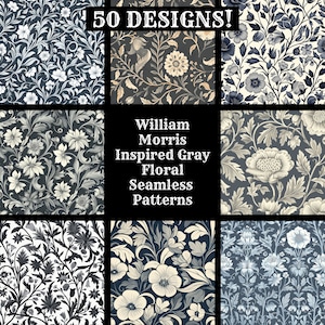 William Morris Inspired Szary Kwiatowy Bezszwowy Cyfrowy Papier, Drukowany Papier Do Scrapbooków Bezszwowe Tekstury, Cyfrowe Natychmiastowe Pobieranie
