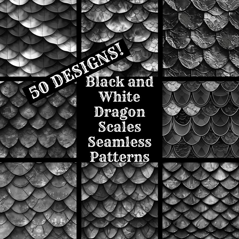 Scale Ideas Pattern Black and White Dragon Scales Seamless Pattern: 50 PNG Digital Papers ...