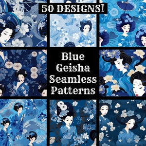 Può includere: Un collage di nove motivi senza cuciture con figure di geisha blu con fiori bianchi su sfondo blu. Il testo "50 DESIGNS!" e "Blue Geisha Seamless Patterns" è visualizzato sull'immagine.