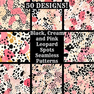 Carta digitale senza soluzione di continuità con macchie di leopardo nere, crema e rosa, carta per album stampabile, texture senza soluzione di continuità, download immediato, uso commerciale