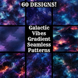Puede incluir: 60 patrones sin costuras con vibraciones galácticas y degradados de colores. Los patrones son una mezcla de azul oscuro, morado y rosa con estrellas blancas.
