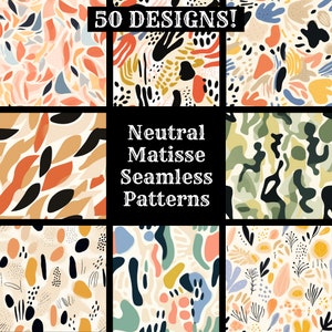May include: A set of 50 digital seamless patterns in a neutral color palette inspired by Matisse. The patterns feature abstract shapes, lines, and dots in colors like beige, black, white, light blue, and light pink. The text "Neutral Matisse Seamless Patterns" is displayed in the center of the image.
