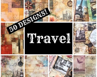 Vintage Travel Journal Paper: 50 PNG Scrapbook Pages (Digital Download)