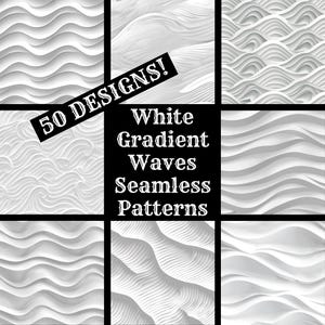 Puede incluir: Un conjunto de 9 patrones sin costuras de ondas blancas con degradado. Los patrones están dispuestos en una cuadrícula con el texto "50 DESIGNS! White Gradient Waves Seamless Patterns" en el centro.