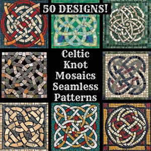 Könnte beinhalten: 50 nahtlose Muster aus keltischen Knotenmosaiken. Die Muster bestehen aus kleinen, bunten Fliesen und sind in einer Vielzahl von komplizierten Designs angeordnet.