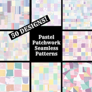 May include: A collage of 50 pastel patchwork seamless patterns. The patterns are made up of squares and rectangles in various pastel colors, including pink, blue, yellow, and green. The text "50 DESIGNS!" is written in white on a black background. The text "Pastel Patchwork Seamless Patterns" is written in white on a black background.