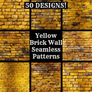 May include: A collage of nine images showing different yellow brick wall patterns. The text "50 DESIGNS!" and "Yellow Brick Wall Seamless Patterns" is displayed in the center of the collage.