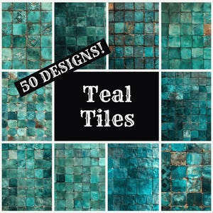 Op de afbeelding: Een collage van 9 vierkante tegels in teal met verschillende patronen. De tekst "50 DESIGNS!" en "Teal Tiles" is over de afbeelding gelegd.