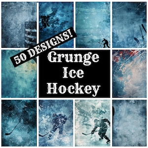 May include: A collage of 50 grunge ice hockey designs. The designs feature blue and white colors with a distressed, textured look. The text "50 DESIGNS! Grunge Ice Hockey" is displayed in a black banner.