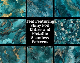 Teal Foil Glitter Seamless Patterns: Metallic Digital Paper (Digital Download)