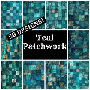 May include: A collage of 50 teal patchwork designs. Each design features a different pattern of teal squares with varying shades and textures.
