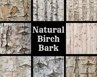 May include: A collage of nine images showing different textures of natural birch bark. The text "50 DESIGNS!" and "Natural Birch Bark" is displayed in white text on a black background.