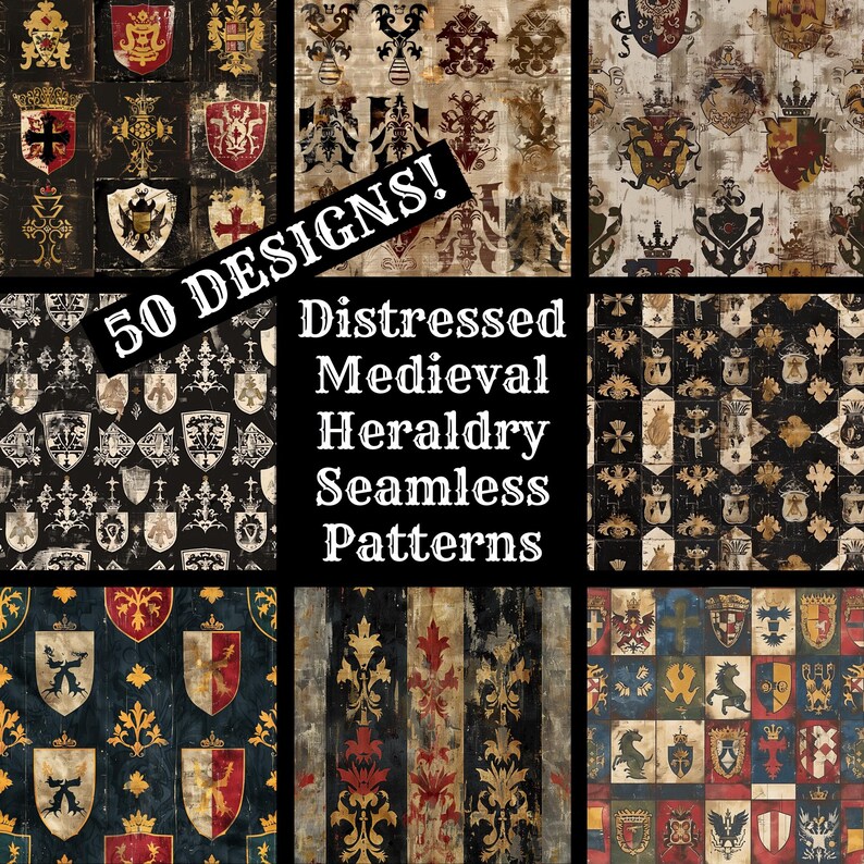 Heraldic Patterns Distressed Medieval Heraldry Seamless Pattern: 50 PNG Digital Papers ...