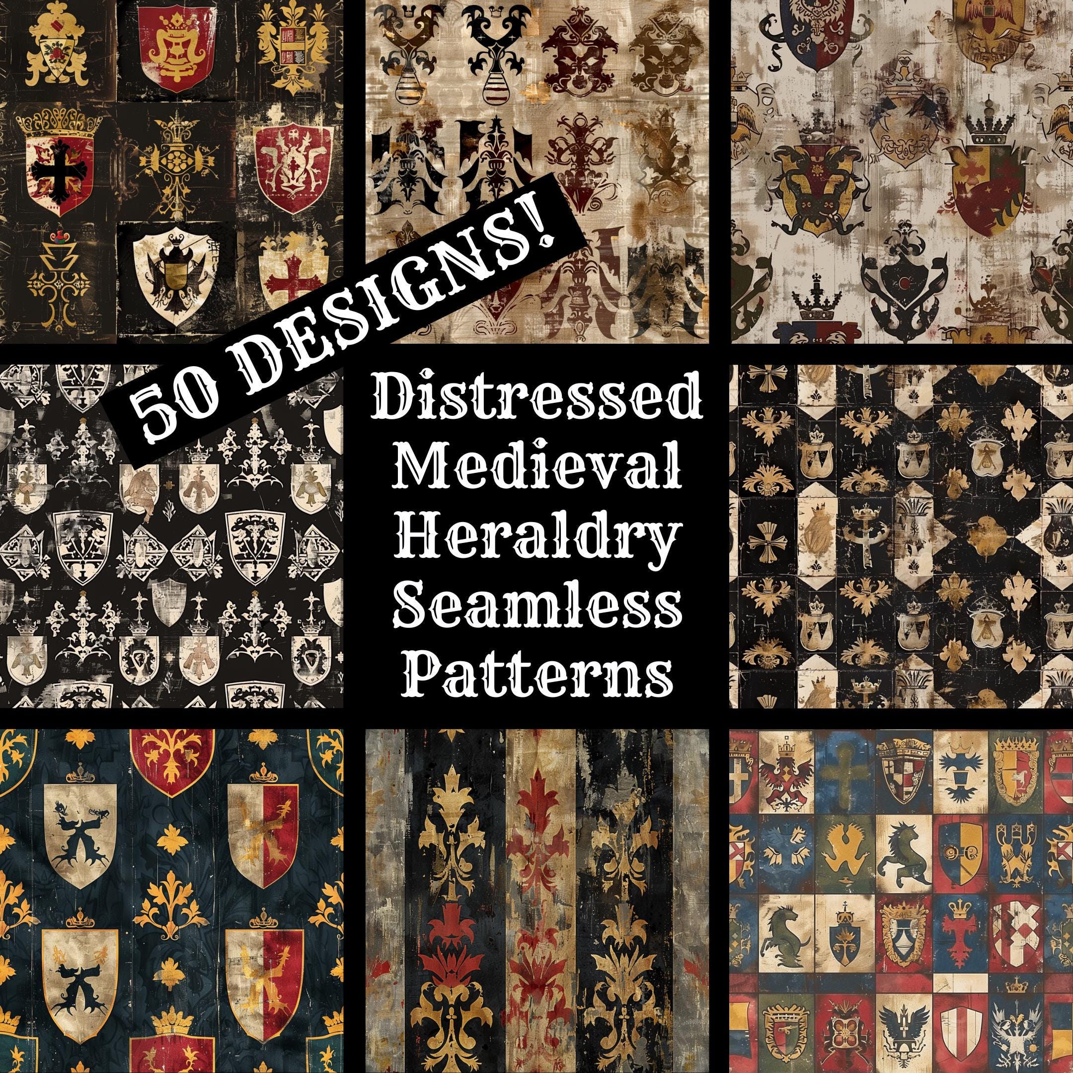 Distressed Medieval Heraldry Seamless Digital Paper, Printable Scrapbook Paper Seamless Textures, Digital Instant Download