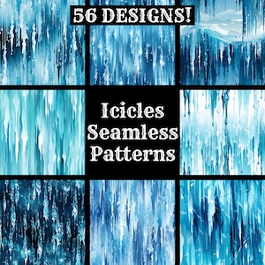Puede incluir: Una colección de 56 patrones sin costuras que presentan carámbanos en varios tonos de azul. Los patrones son perfectos para manualidades con temática invernal, scrapbooking y proyectos de diseño digital.