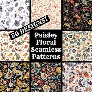 May include: A collection of 50 paisley floral seamless patterns. The patterns are in various colors, including red, blue, green, yellow, and black. The patterns are on a white background. The text "50 DESIGNS! Paisley Floral Seamless Patterns" is in the center of the image.