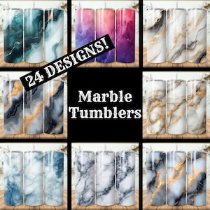 May include: A collection of marble-patterned tumblers in various colors, including teal, pink, purple, gold, and gray. The image displays multiple designs with the text "24 DESIGNS!" and "Marble Tumblers". Each tumbler has a straw.